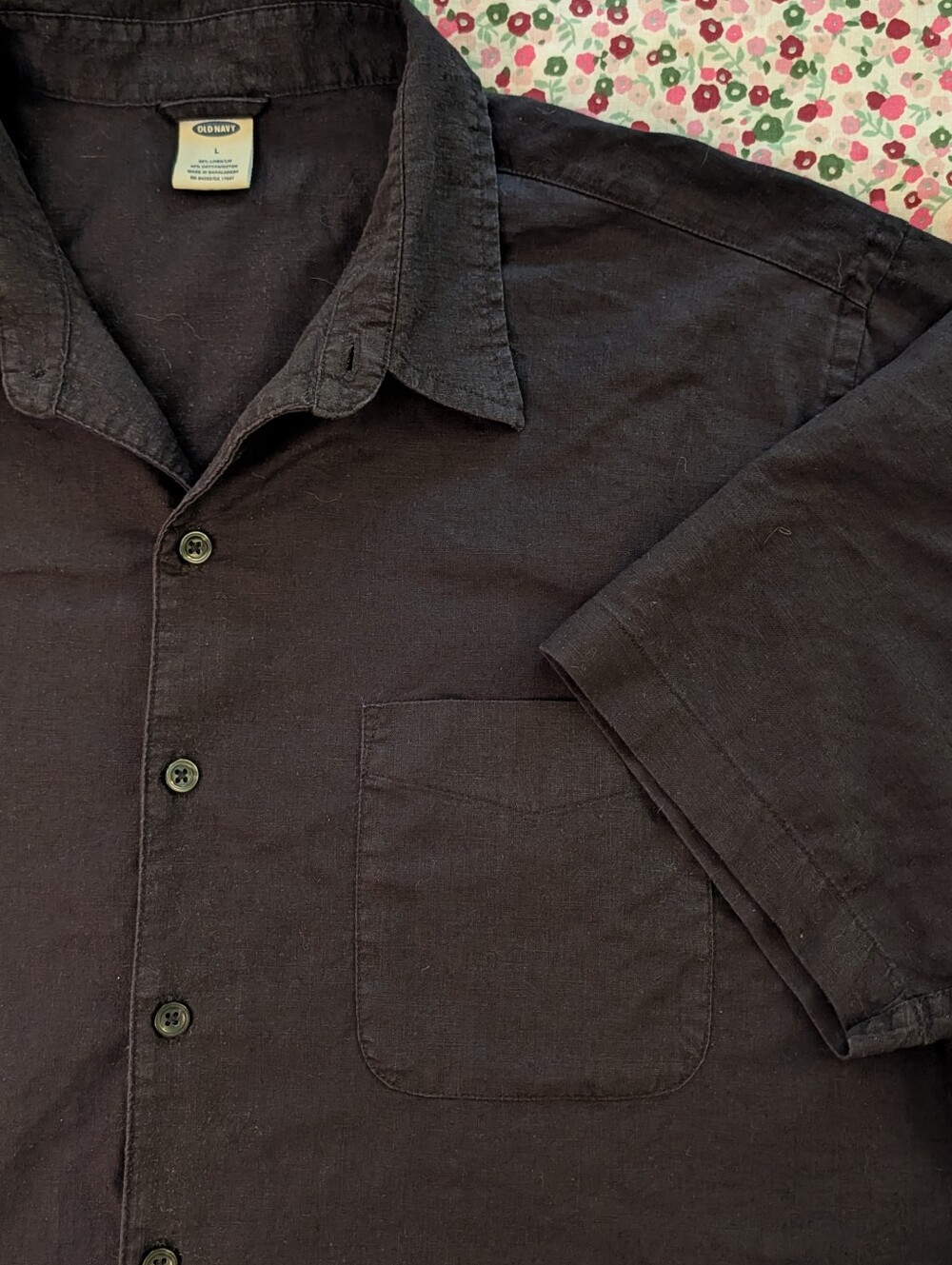 Old Navy Black Short-Sleeve Linen Blend Shirt